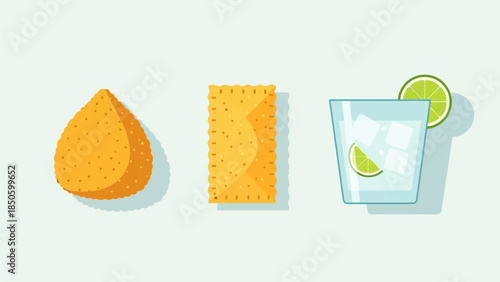 An appetizing flat design illustration showcasing typical Rio Carnival street food and drinks like coxinha, pastel, and caipirinha