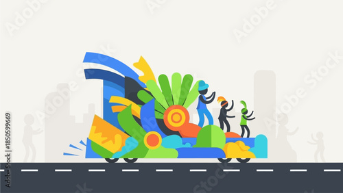 A vibrant flat design illustration of a Rio Carnival parade float, featuring abstract yet elaborate decorations and stylized figures