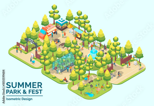 Cartoon Color Summer Park and Fest Concept Various Scenes 3d Isometric View. Vector illustration of Public Place