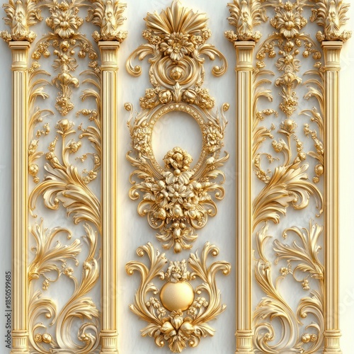 gilded ornamental wall panels with fluted columns, intricate floral acanthus relief, scrolling filigree and embossed medallions conveying lavish, opulent elegance