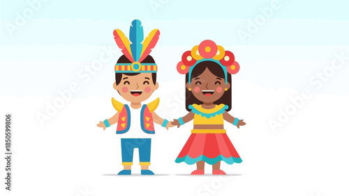 A charming flat design illustration featuring two children in simplified, colorful Rio Carnival costumes, happily playing
