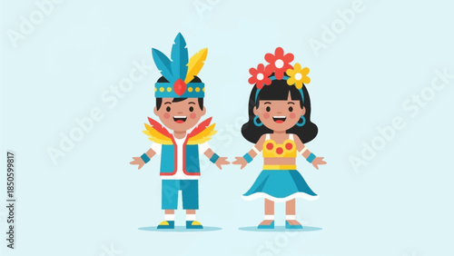 A charming flat design illustration featuring two children in simplified, colorful Rio Carnival costumes, happily playing