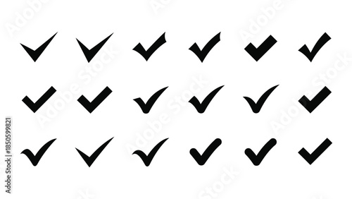 Collection of eighteen black vector check mark icons signifying selection and approval