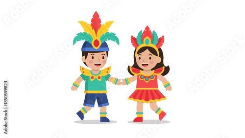 A charming flat design illustration featuring two children in simplified, colorful Rio Carnival costumes, happily playing