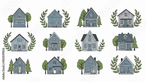Collection of charming hand-drawn houses with trees and wreaths.