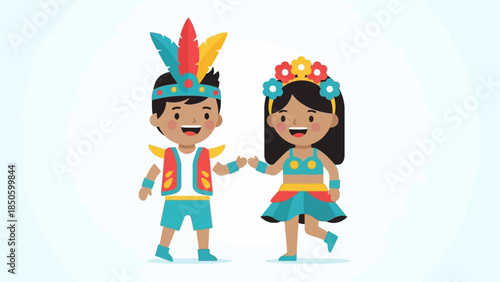 A charming flat design illustration featuring two children in simplified, colorful Rio Carnival costumes, happily playing