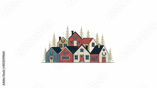 Charming cluster of diverse houses nestled amongst evergreen trees.