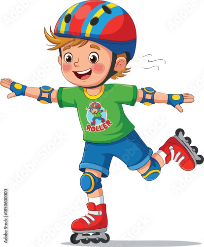 A cheerful cartoon boy wearing a colorful helmet and protective gear enjoys rollerblading with a cute dragon design on his shirt against a clean white background.