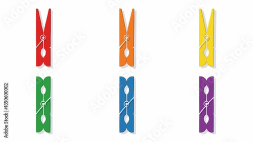 Set of six colorful clothespins arranged in two rows on a white background.