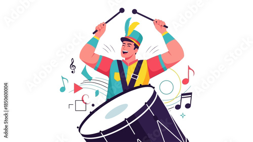 A dynamic flat design illustration portraying a male drummer from a Samba School 'bateria', energetically playing a large surdo drum