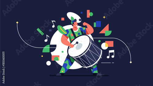 A dynamic flat design illustration portraying a male drummer from a Samba School 'bateria', energetically playing a large surdo drum