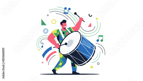 A dynamic flat design illustration portraying a male drummer from a Samba School 'bateria', energetically playing a large surdo drum