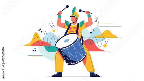 A dynamic flat design illustration portraying a male drummer from a Samba School 'bateria', energetically playing a large surdo drum