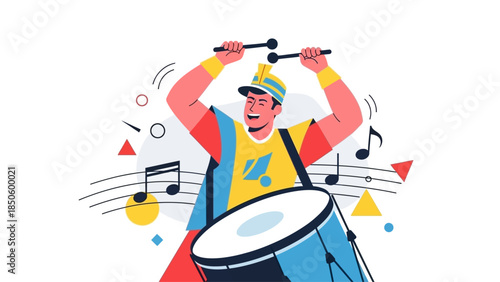 A dynamic flat design illustration portraying a male drummer from a Samba School 'bateria', energetically playing a large surdo drum