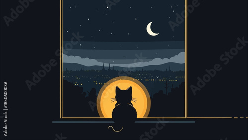 Silhouette of a black cat sitting on a windowsill looking out at the night sky.