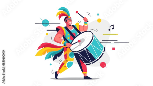 A dynamic flat design illustration portraying a male drummer from a Samba School 'bateria', energetically playing a large surdo drum