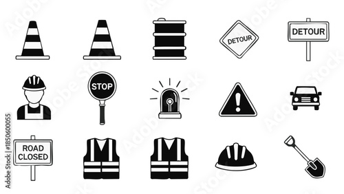 roadwork signs caution symbols and traffic control icons set.