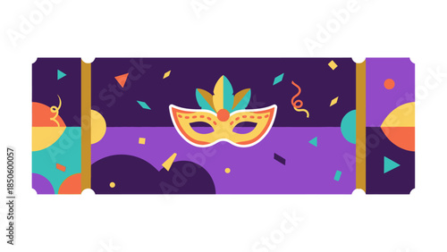 A clean flat design illustration of a stylized Rio Carnival ticket or invitation, incorporating simple festive motifs. This minimalist 2D vector artwork is perfect for event promotion and design