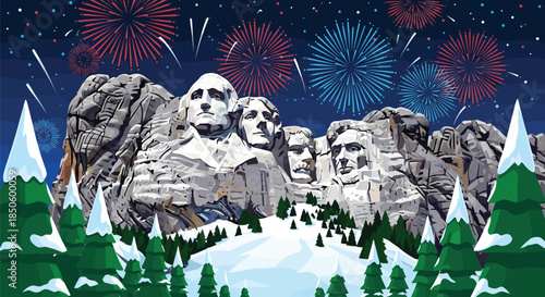 Mount Rushmore Winter Celebration Illustration with Snow-Covered Pines, Patriotic Fireworks Display, Festive Night Sky, Iconic American Monument Scene