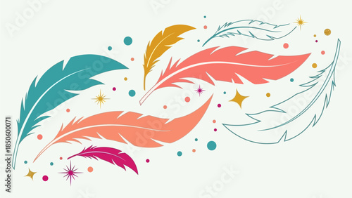 A vibrant abstract flat design composition showcasing stylized feathers and sparkling glitter elements, dynamically arranged. This minimalist 2D vector artwork captures the luxurious