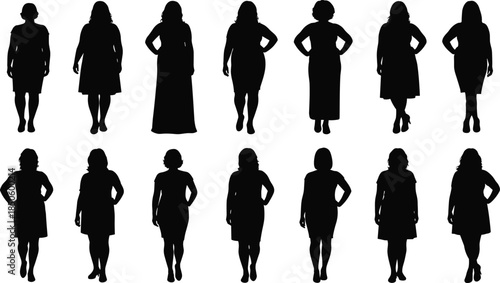 Black Silhouette Vector Set of Plus Size Women, Featuring Curvy Female Figures in Various Fashionable Dresses and Standing Poses for Body Positivity,