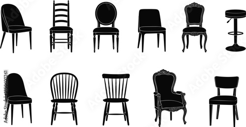 Black Silhouette Vector Set of Various Chair Designs Featuring Classic Dining Chairs Armchairs and Bar Stools for Interior Design and Furniture Concepts,