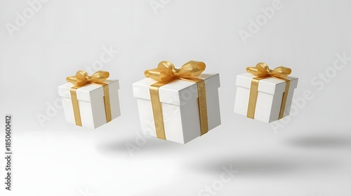 Elegant white gift boxes with gold ribbons flying freely on a bright white background.