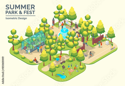 Cartoon Color Summer Park and Fest Concept Glass Greenhouse, Central Fountain, Picnic and Cycling Path 3d Isometric View. Vector illustration