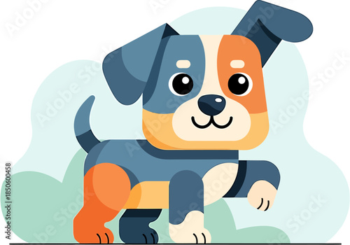 Cute cartoon puppy dog illustration with a playful expression and a wagging tail, surrounded by soft green abstract shapes