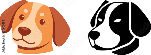 Cartoon dog portraits, simple and graphic, one colored, one black and white illustration