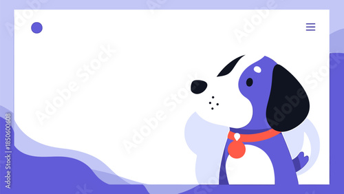 Charming flat design illustration of a playful blue and white dog, perfect for creating friendly digital user interfaces and engaging online content