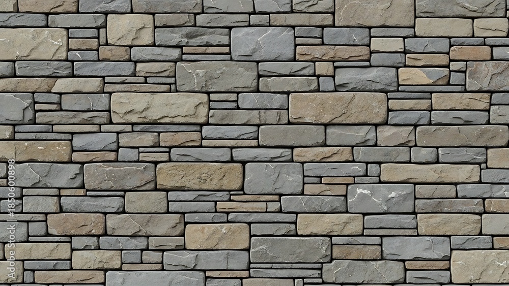 Fototapeta premium Close-up of a stacked stone wall with rectangular bricks in shades of grey, brown, and tan against a white background.