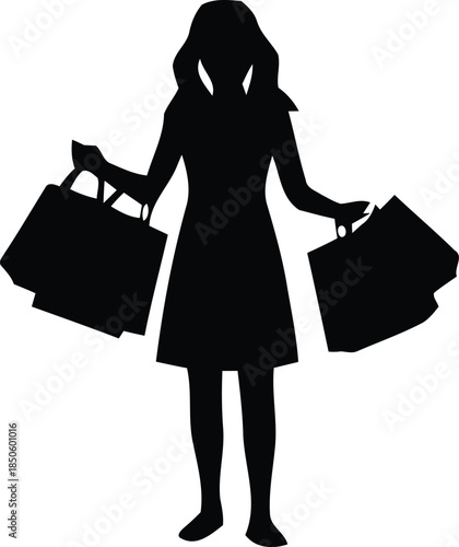 Silhouette of a woman carrying shopping bags, isolated on white background.