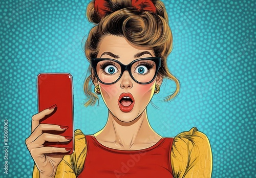 Pop art comic portrait of a woman with a high bun and red bow taking a selfie with a red smartphone, wearing a red top and yellow puff sleeves, playful confident vibe