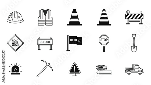 Construction Signs and Tools Icons Set.
