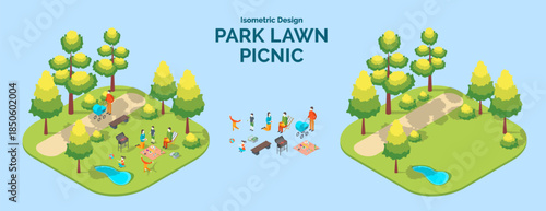 Cartoon Color Summer Park and Fest Concept Picnic Lawn with Separate Set 3d Isometric View. Vector illustration