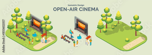Cartoon Color Summer Park and Fest Concept Open Air Cinema with Separate Set 3d Isometric View. Vector illustration