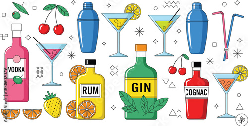 Alcoholic cocktail bar vector collection featuring bottles of vodka rum gin and cognac with shakers martini glasses and fresh fruit garnishes for menus.