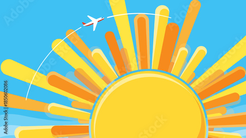 Bright Sunny Day with Airplane Flying Over Sun Rays
