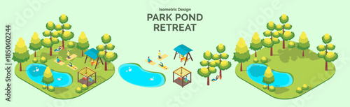 Cartoon Color Summer Park and Fest Concept Pond Retreat with Separate Set 3d Isometric View. Vector illustration