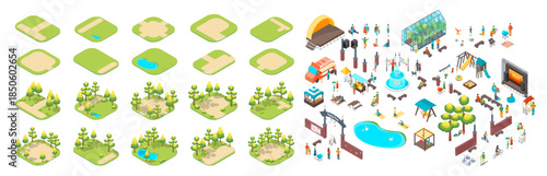 Cartoon Color Summer Park and Fest Concept Different Elements, Landscapes with Trees and Without 3d Isometric View. Vector illustration