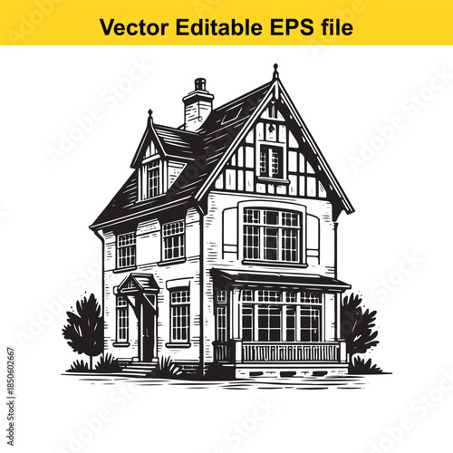  a detailed black and white vector illustration of a traditional house with a steeply pitched roof and halftimbered facade