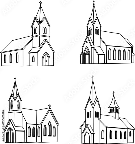 Architectural church buildings with steeples and crosses in a simple line drawing style silhouette