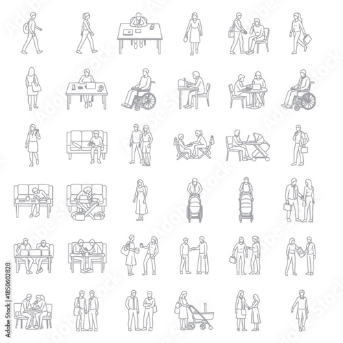 Line Art Depicting Various Social Interactions and Activities.