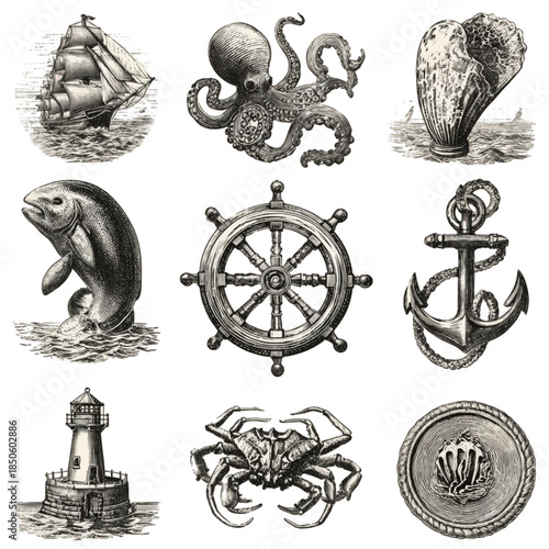 Vintage Nautical Illustrations Set with Ship and Octopus.