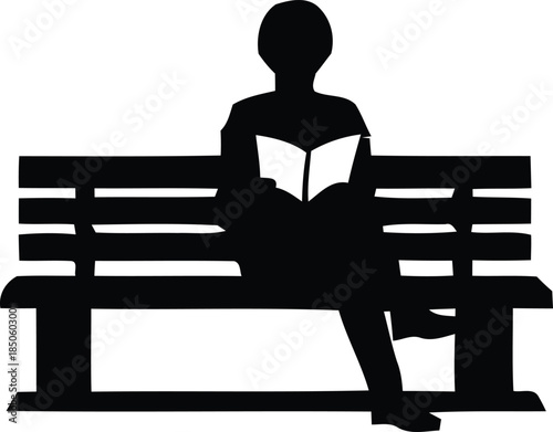 Silhouette of a person reading a book while sitting on a park bench, white background,