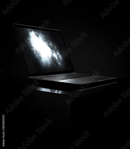 sleek open laptop on a glossy black pedestal displaying a glowing nebula-like cloud and starfield on screen, dramatic moody lighting evoking futuristic mystery and elegance