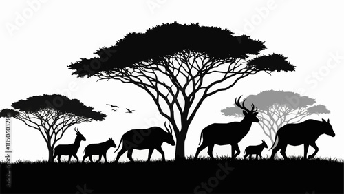 Silhouette of African animals and acacia trees in savanna landscape.