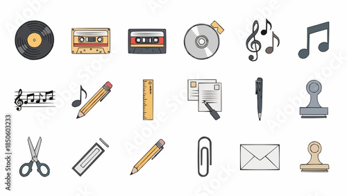 Collection of vintage and modern office and music related items.