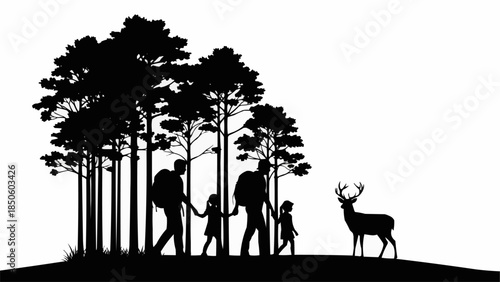 Family hiking in forest encounters a deer silhouette.